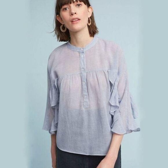 Anthropologie Maeve Ruffle Striped Henley 3/4 Sleeve Blouse Lightweight Sz Small - Picture 1 of 9